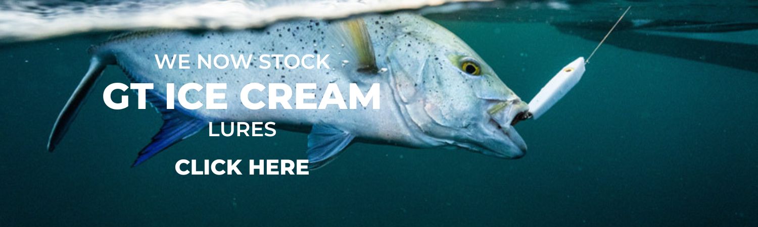 GT Ice Cream Lures Desktop Banner Image with trevally underwater with lure in its mouth