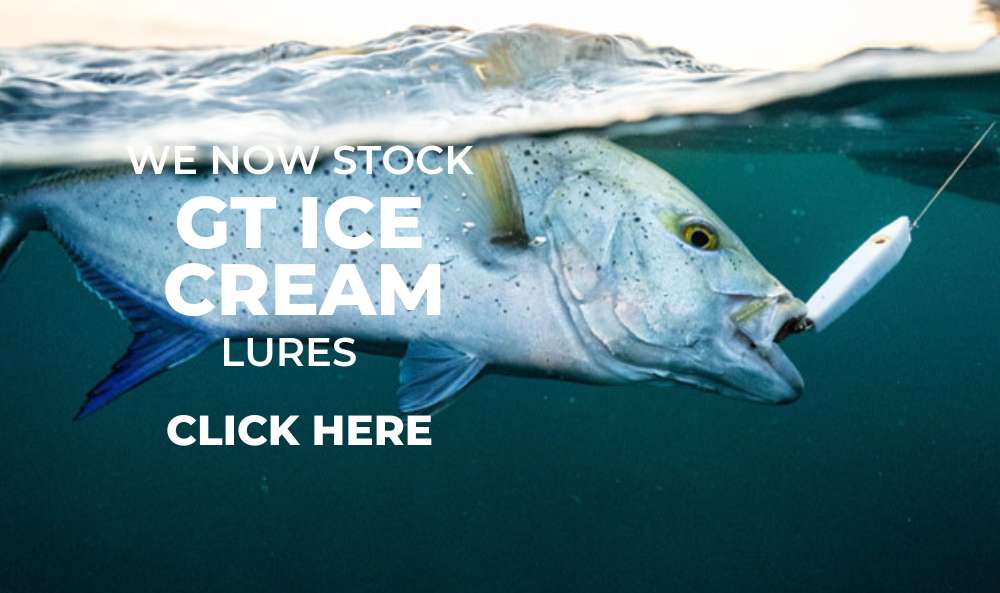 GT Ice Cream Lures Desktop Banner Image with trevally underwater with lure in its mouth