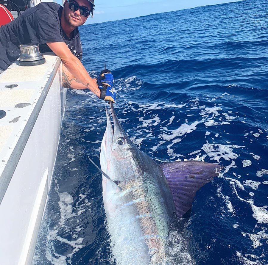 Man holding a striped marlin fish alongside his boat