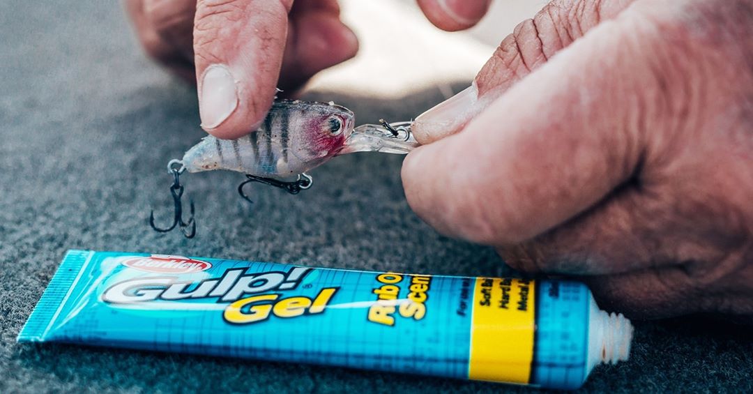 Gulp gel rub on scent being put onto a lure